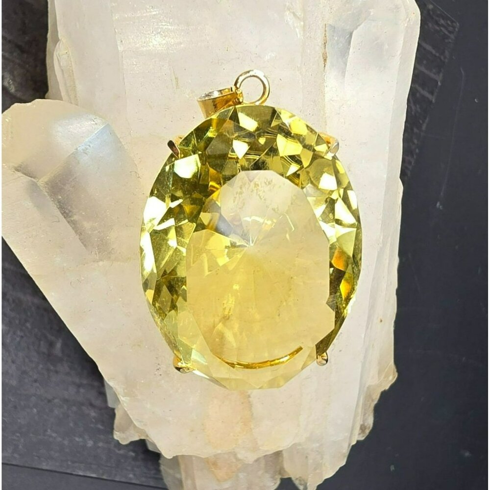 Vintage Large Faceted Oval Yellow Citrine Pendant With Gold Plated Setting HS133